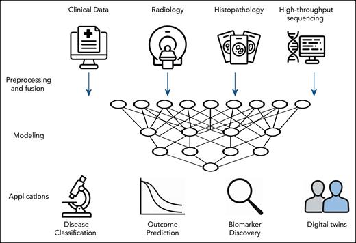 Multimodal ML framework for integrative analysis in hematology. The integration of heterogeneous data types (clinical variables, radiologic imaging, histopathology, and high-throughput sequencing) using a multimodal ML pipeline is depicted. After preprocessing and data fusion, ML models are trained to capture relationships across modalities. These models support key clinical applications including the classification of hematologic malignancies (eg, lymphoma subtyping), prediction of clinical outcomes (eg, survival or progression after CAR T-cell therapy), discovery of prognostic and predictive biomarkers, and development of digital twins to simulate individualized treatment responses. Icons in this figure were generated using ChatGPT (OpenAI).