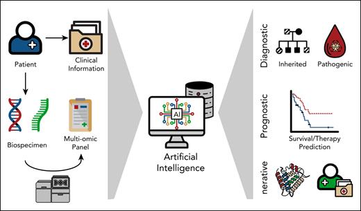 Application of AI in genomic/precision medicine. Schematic overview of AI integration in precision medicine. Patient-derived clinical data and biospecimens undergo multiomic profiling and sequencing analysis. These heterogeneous datasets are processed using AI algorithms to extract diagnostic (eg, identification of inherited and pathogenic variants), prognostic (eg, survival and therapy response prediction), and generative insights (eg, protein structure modeling and digital twin simulations), enabling advanced biomedical decision-making.