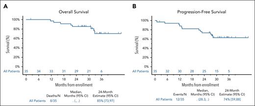OS and PFS. (A) Kaplan-Meier estimate of OS. (B) Kaplan-Meier estimate of PFS. PFS is defined as the date of registration to date of first documentation of hematologic progression, symptomatic deterioration defined as global deterioration of health status requiring discontinuation of treatment without objective evidence of progression, or death due to any cause.