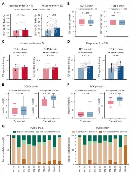 TCR diversity and clonal T-cell expansion related to the efficacy of ZR2. (A) Comparison of proportion of peripheral CD3+HLA-DR+ T cells before and after ZR2 induction in nonresponders (n = 7) and responders (n = 22). The 2-sided P values were calculated using the Mann-Whitney U test. (B) Comparison of TCR diversity of PBMC samples between nonresponders (n = 7) and responders (n = 22) at pretreatment. The 2-sided P values were calculated using the Mann-Whitney U test. (C) Change of TCR diversity of PBMC samples in nonresponders (n = 7) between the pretreatment and disease progression time points. The 2-sided P values were calculated using the Mann-Whitney U test. (D) Change of TCR diversity of PBMC samples in responders (n = 22) between pretreatment and end of induction therapy time points. The 2-sided P values were calculated using the Mann-Whitney U test. (E) Comparison of percentages of T-cell expansion clones in PBMC samples between nonresponders (n = 7) and responders (n = 22) at pretreatment. The 2-sided P values were calculated using the Mann-Whitney U test. (F) Comparison of percentages of T-cell expansion clones in PBMC samples between nonresponders (n = 7) at disease progression and responders (n = 22) at the end of induction therapy. The 2-sided P values were calculated using the Mann-Whitney U test. (G) Percentage of T-cell clones in PBMC samples from responders (n = 10) at the end of induction therapy. “Expanded/persisted” refers to T-cell clones that expanded by the end of induction therapy and still existed 3 years after treatment. “Not-expanded/persisted” refers to T-cell clones that did not expand by the end of induction therapy but still existed 3 years after treatment. “Expanded/not-persisted” refers to T-cell clones that expanded by the end of induction therapy but did not persist 3 years after treatment. “Not-expanded/not-persisted” refers to T-cell clones that did not expand at the end of induction therapy and did not persist 3 years after treatment.