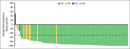 Waterfall plot. Best percentage change from baseline in the sum of products of perpendicular diameters of target lesions for patients with R/R FL by best overall response per Lugano criteria by investigator assessment is shown. Patients evaluable for change from baseline in tumor size (n = 107) are shown; 1 patient was excluded due to the absence of baseline tumor measurements. Dashed line indicates a 50% reduction in tumor size compared with baseline. NE, not evaluable.
