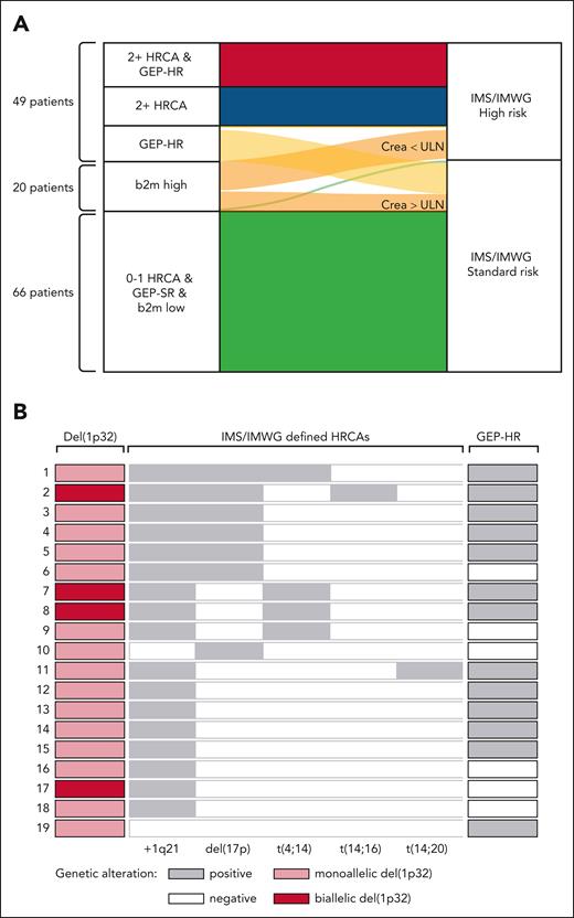 Composition of HR features according to updated IMS/IMWG-HR classification. (A) Sankey plot illustrating the composition and contribution of individual risk factors to the updated IMS/IMWG-HR classification. Six groups are displayed based on combinatorial risk features, including HRCA count, GEP signature, and isolated b2m elevation. Elevated b2m is subdivided by creatinine levels below or above the ULN, according to the IMS/IMWG-HR definition. One patient with GEP-HR carried an isolated del(17p) and was therefore also classified as IMS/IMWG-HR. TP53 mutation status was not included in this analysis because only 11 patients in the study had available information. (B) Co-occurrence of HR genetic features in patients harboring del(1p32). Each row represents 1 of 19 individual patients, while columns indicate the presence (gray) or absence (white) of an HR feature, including IMS/IMWG-defined HRCAs and GEP-HR. Biallelic del(1p32) are highlighted in dark red. ULN, upper limit of normal. Figure created with biorender.com. Houlston R. (2025) https://biorender.com/0vv82j9.