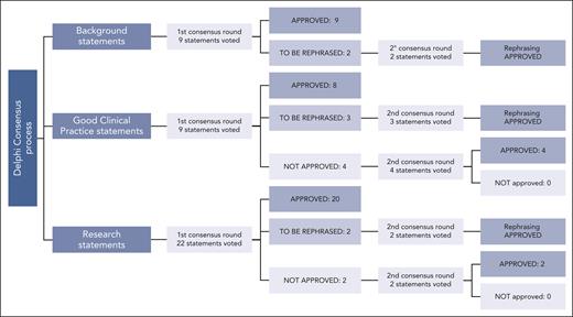 Delphi process. Approval process to the 3 classes of statements is reported: agreement by ≥75% of the panelists was requested. Rephrased, but previously approved, statements were accepted when at least 60% of the panelists agreed on the final phrasing. “Good clinical practice statements” involved actionable recommendations, which were expected to lead to a relevant health care practice improvement and were supported by direct or well-documented and explicit indirect evidence. Rather, “background statements” include nonactionable descriptive assertions or standardized practice actions. Finally, “research statements” include a list of actionable (or nonactionable) suggestions that are not sufficiently supported by evidence or cannot yet be estimated to lead to a large healthcare improvement.