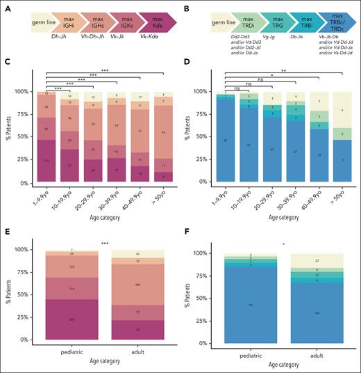 IMG based on IG (left) and TR (right) rearrangements in B-ALL and T-ALL cases. The most mature rearrangement identified for each patient determines the IMG for that individual. The IMG and corresponding rearrangements are ordered (left to right) by their appearance during the physiological B-cell (A) and T-cell (B) development. (C-D) The distribution by age of the IG-based IMG in patients with B-ALL (C) and the TR-based IMG in patients with T-ALL (D) is shown. (E-F) The distribution in pediatric and adult patients of the IG-based IMG in patients with B-ALL (E) and the TR-based IMG in patients with T-ALL (F) is illustrated. Patient numbers are shown within each bar. P values were corrected for multiple testing using the Bonferroni method. Statistical significance is indicated as follows: ns, P > .05; ∗P ≤ .05; ∗∗P ≤ .01; ∗∗∗P ≤ .001. c, complete; i, incomplete; max, maximum; ns, not significant; TRG, T-cell receptor γ rearrangement; yo, years old.