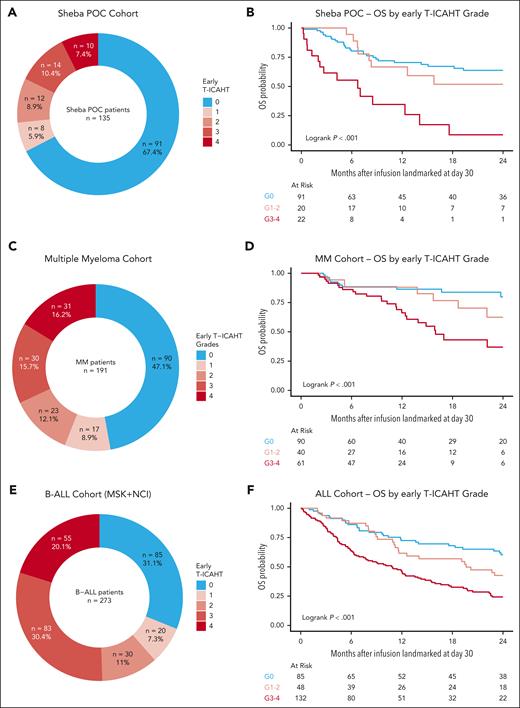 Validation of early T-ICAHT in external cohorts. (A) Distribution of early T-ICAHT grades in patients with NHL treated with academic CAR-T at Sheba Medical Center. (B) Probability of OS by early T-ICAHT in patients with NHL treated with academic CAR-T at Sheba Medical Center. (C) Distribution of early T-ICAHT grades in patients with MM treated with BCMA CAR-Ts. (D) Probability of OS by early T-ICAHT in patients with MM treated with B-cell maturation antigen CAR-Ts. (E) Distribution of early T-ICAHT grades in adult and pediatric patients with ALL. (F) Probability of OS by early T-ICAHT in adult and pediatric patients with ALL. POC, point of care.