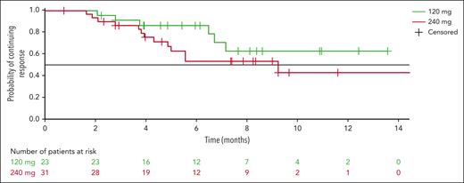 Kaplan-Meier curves of duration of response of modakafusp alfa 120 mg or 240 mg every 4 weeks (q4w).