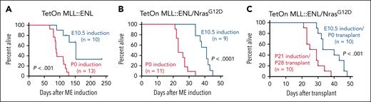 NrasG12D cooperating mutation overcomes heritable resistance to AML initiation. (A-B) Kaplan-Meier survival curves after E10.5 or P0 ME induction using Tet-On-ME and Tet-On-ME/NrasG12D models. (C) Survival curves of recipient mice after transplantation of P0 or P28 LSK after ME induction at E10.5 or P21, respectively. P values are indicated and were calculated by the log-rank test.