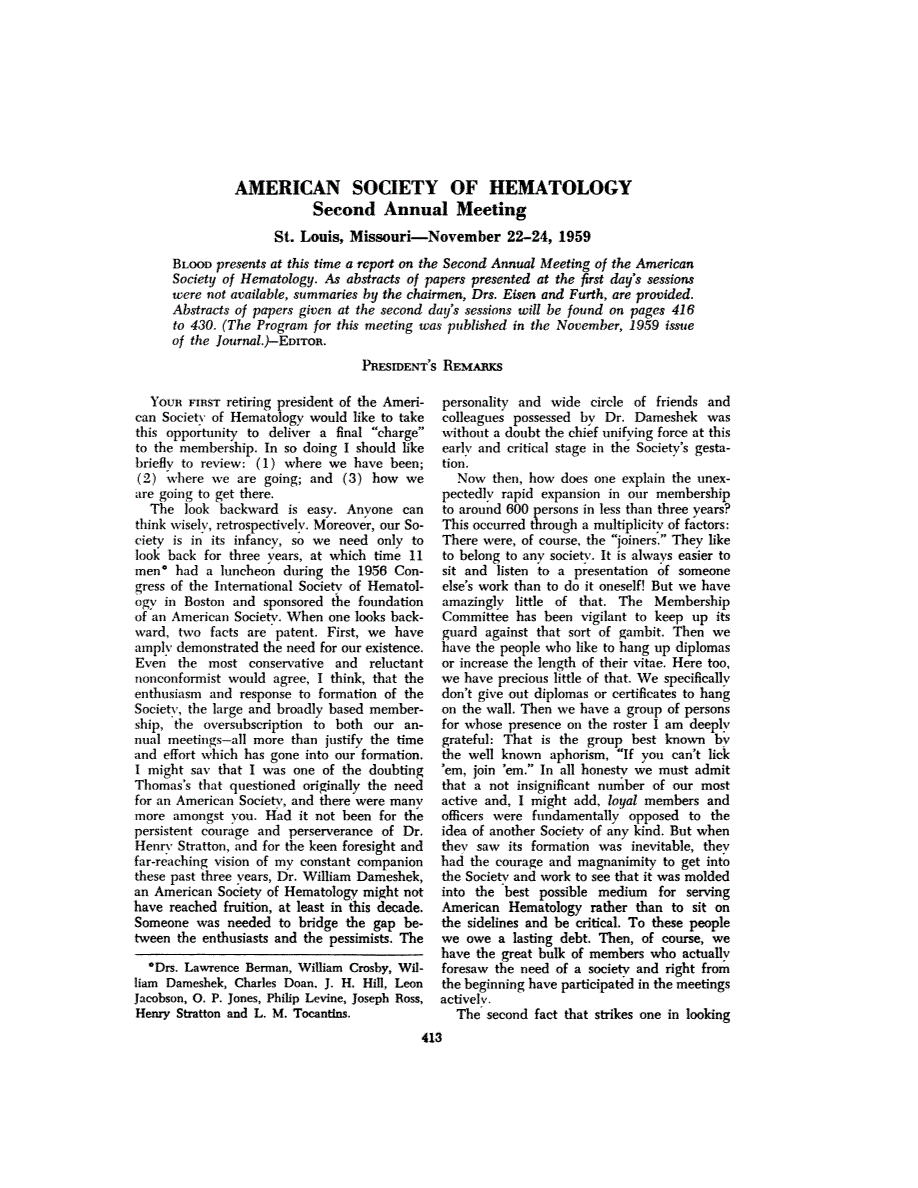 First page of AMERICAN SOCIETY OF HEMATOLOGY Second Annual Meeting St. Louis, Missouri—November 22-24, 1959