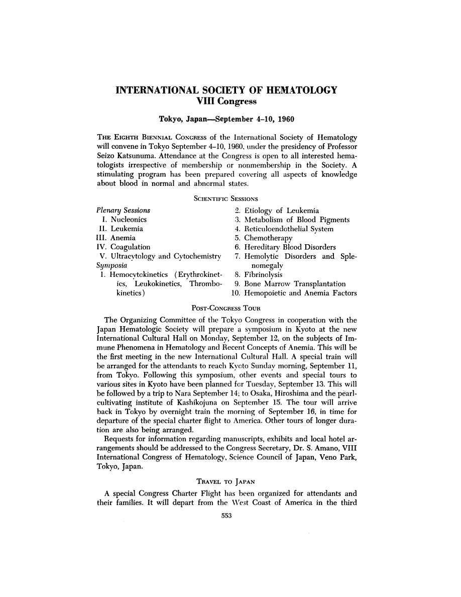 First page of INTERNATIONAL SOCIETY OF HEMATOLOGY VIII Congress Tokyo, Japan-September 4-10, 1960