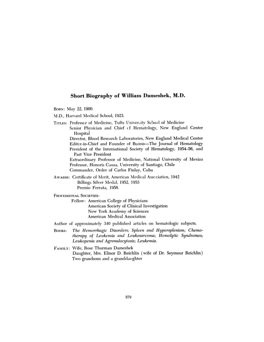 First page of Short Biography of William Dameshek, M.D