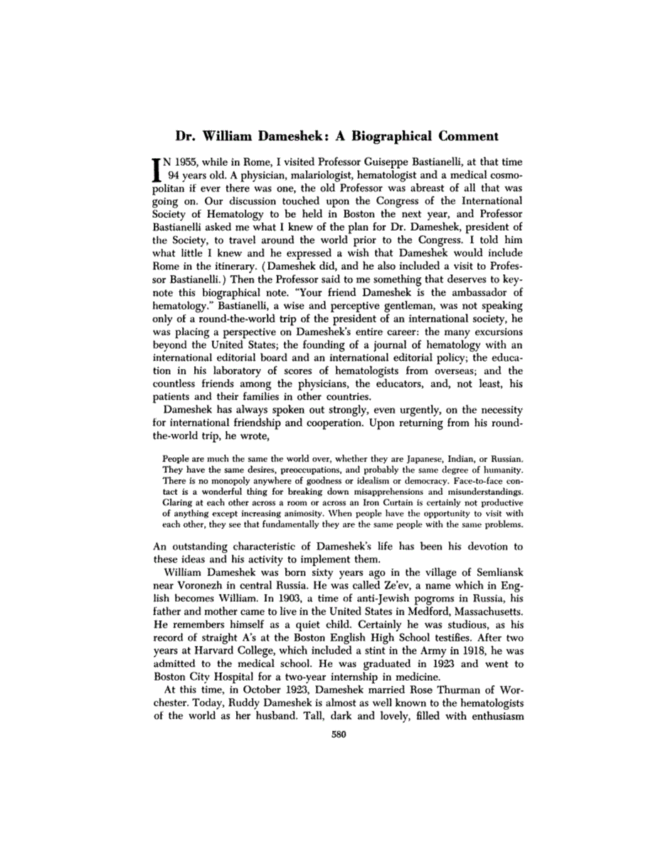 First page of Dr. William Dameshek: A Biographical Comment