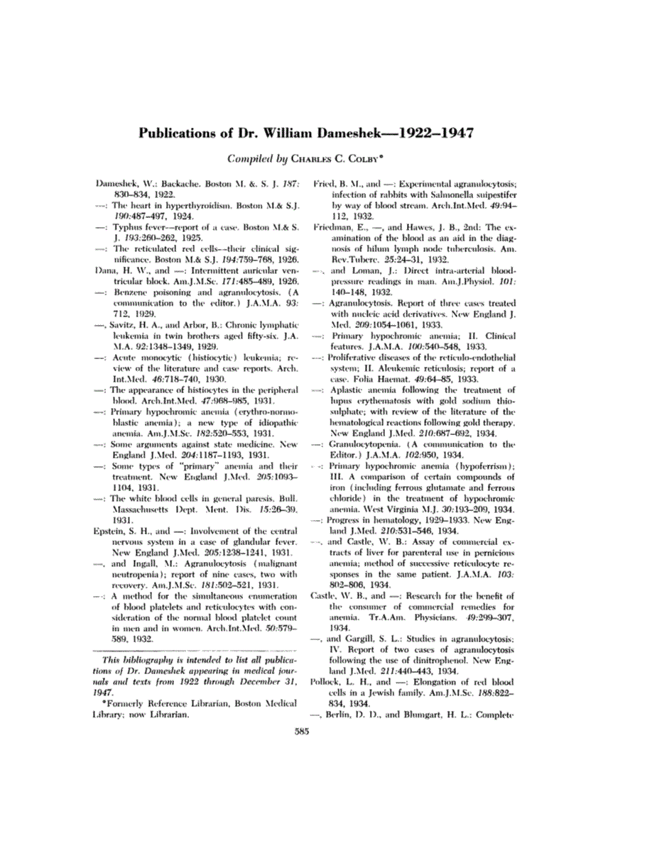 First page of Publications of Dr. William Dameshek—1922-1947