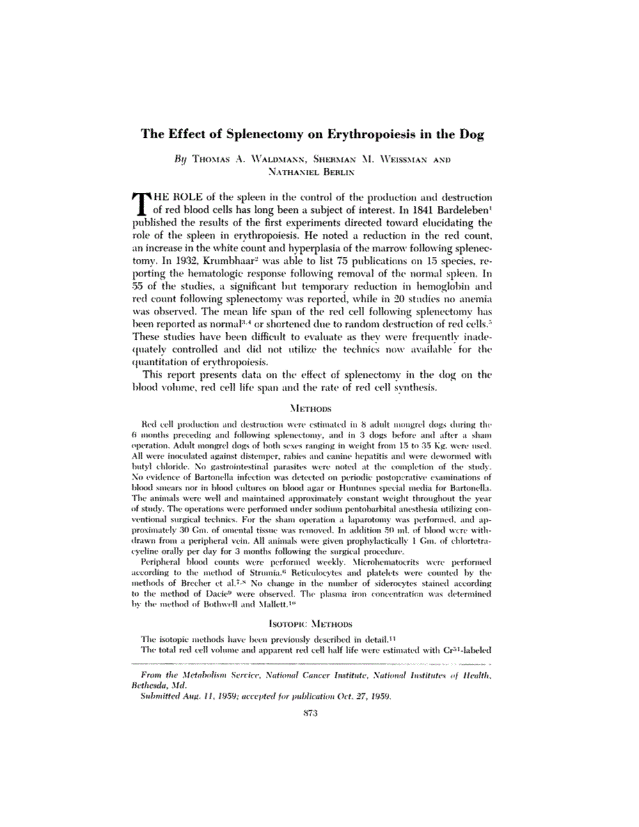 First page of The Effect of Splenectomy on Erythropoiesis in the Dog
