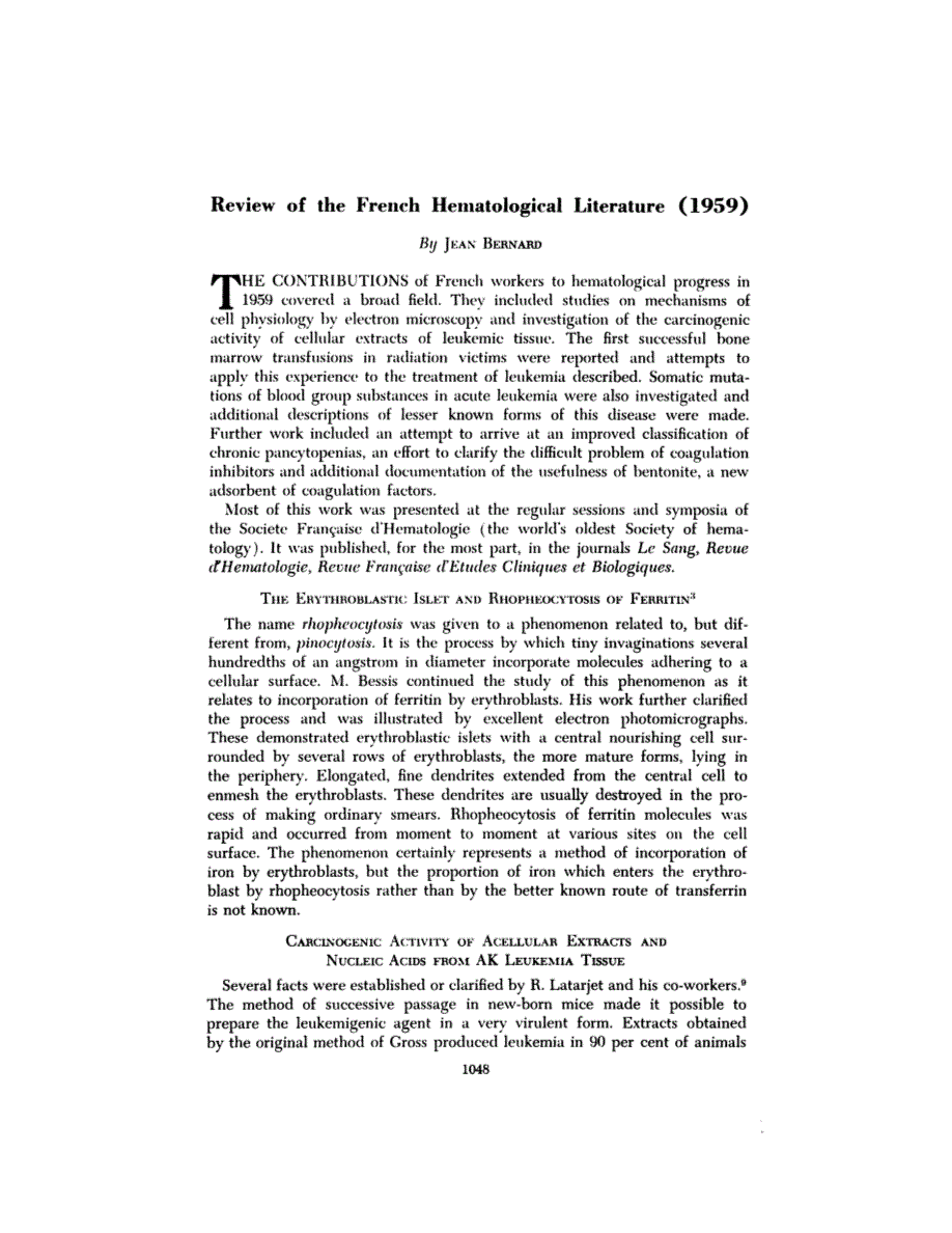 First page of Review of the French Hematological Literature (1959)