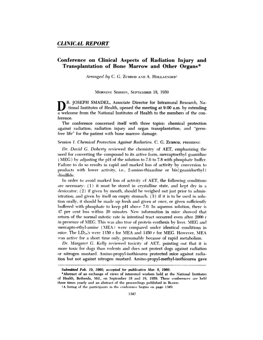 First page of Clinical Report: Conference on Clinical Aspects of Radiation Injury and Transplantation of Bone Marrow and Other Organs