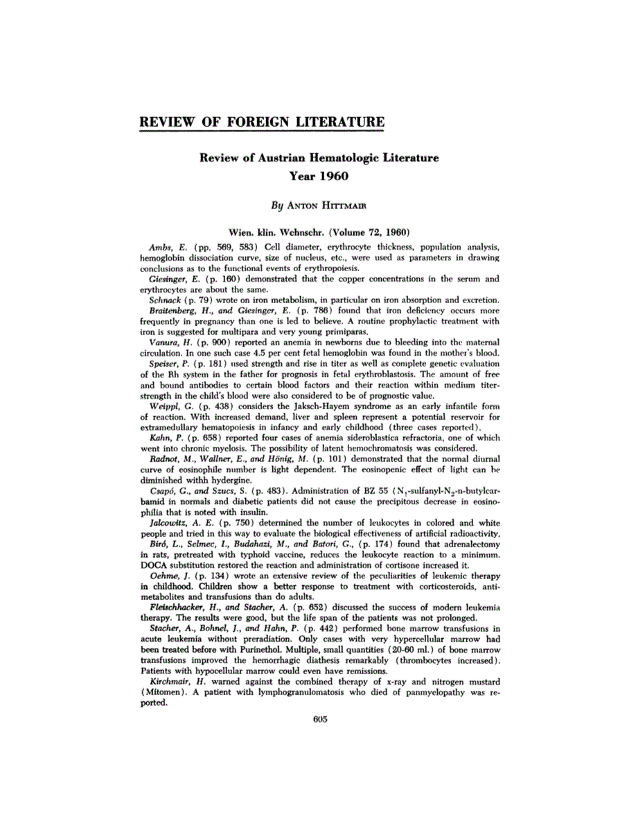 First page of REVIEW OF FOREIGN LITERATURE: Review of Austrian Hematologic Literature Year 1960