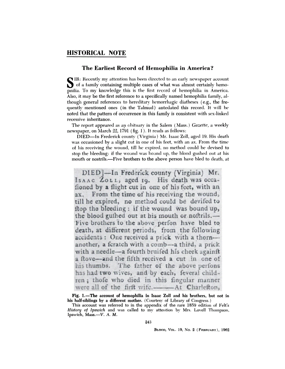 First page of Historical Note: The Earliest Record of Hemophilia in America?