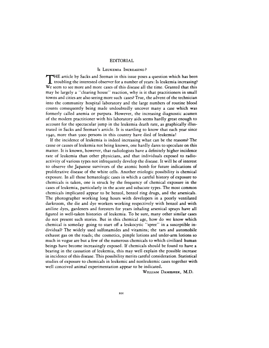 First page of EDITORIAL <subtitle>IS LEUKEMIA INCREASING?</subtitle>