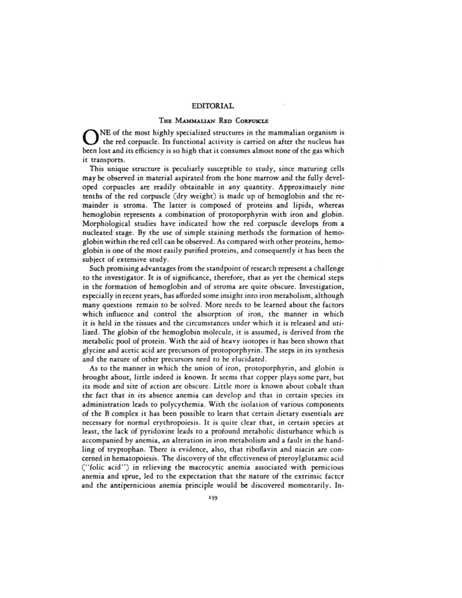 First page of EDITORIAL <subtitle>THE MAMMALIAN RED CORPUSCLE</subtitle>