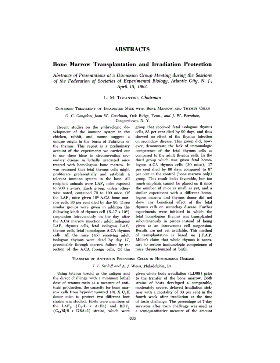 First page of Abstracts: Bone Marrow Transplantation and Irradiation Protection