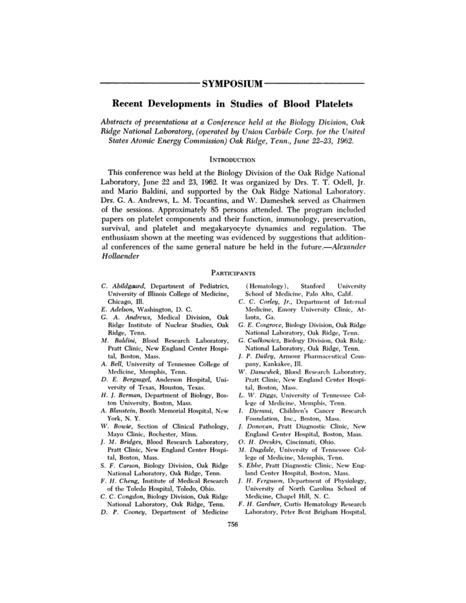 First page of Symposium: Recent Developments in Studies of Blood Platelets
