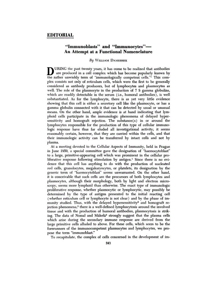 First page of Editorial: "Immunoblasts" and "Immunocytes"— An Attempt at a Functional Nomenclature