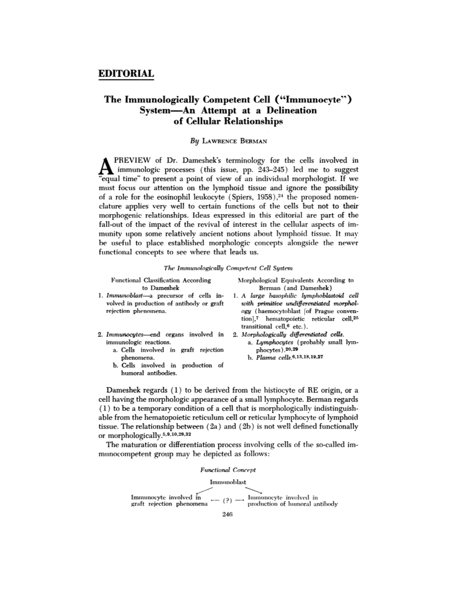 First page of Editorial: The Immunologically Competent Cell ("Immunocyte") System-An Attempt at a Delineation of Cellular Relationships