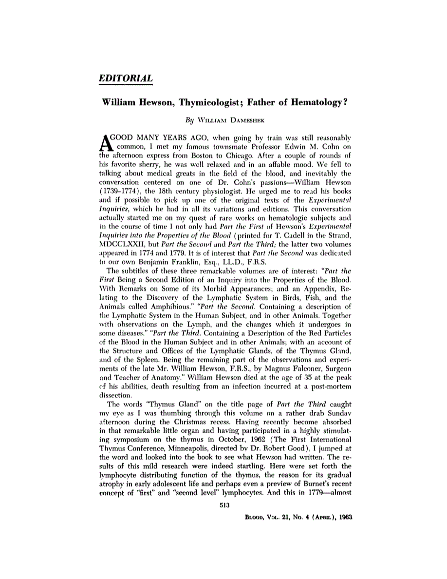 First page of Editorial—William Hewson, Thymicologist; Father of Hematology?