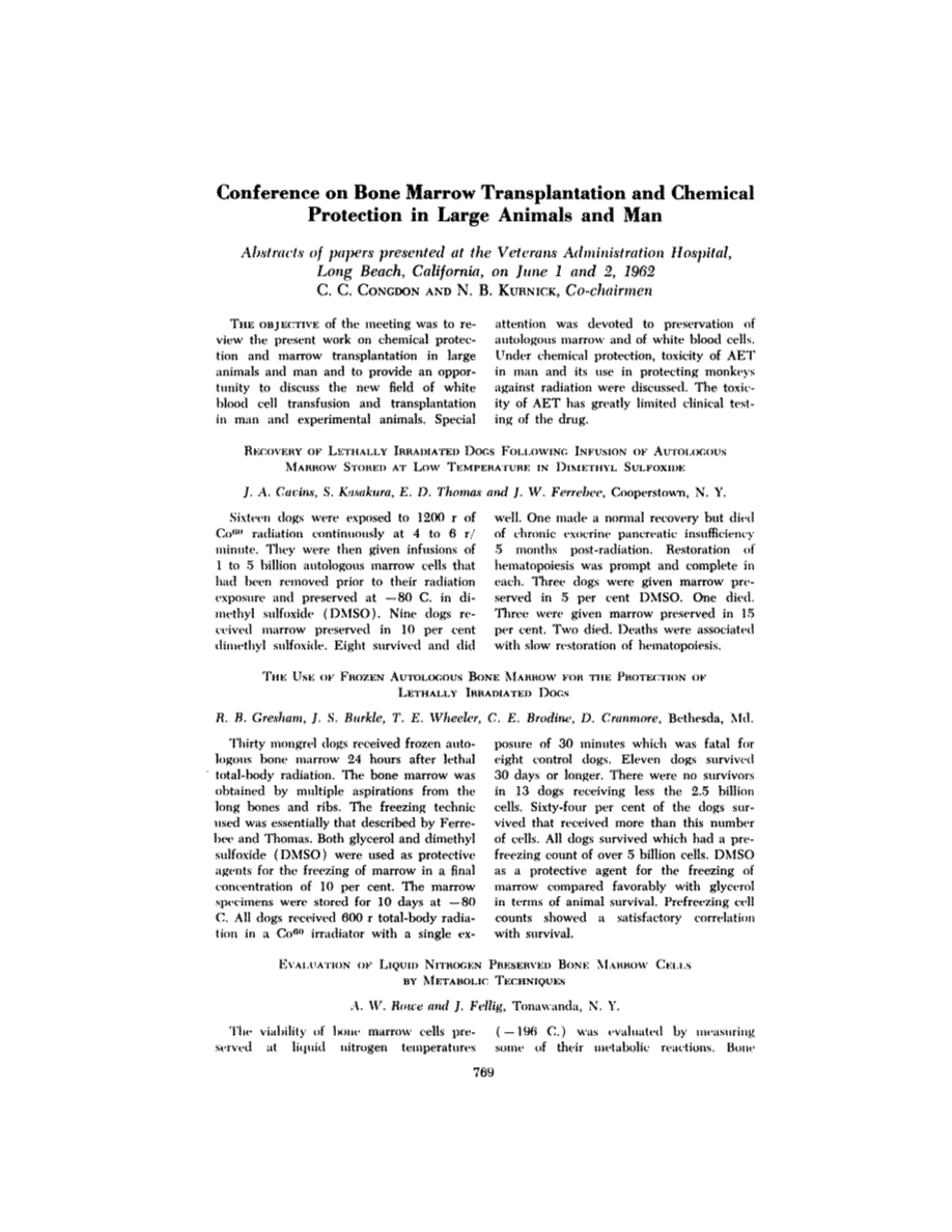 First page of Abstracts: Conference on Bone Marrow Transplantation and Chemical Protection in Large Animals and Man <subtitle>Abstracts of papers presented at the Veterans Administration Hospital, Long Beach, California, on June 1 and 2, 1962</subtitle>