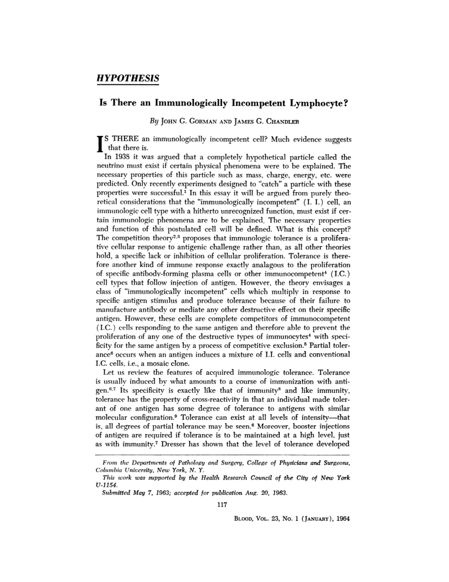 First page of Hypothesis: Is There an Immunologically Incompetent Lymphocyte?
