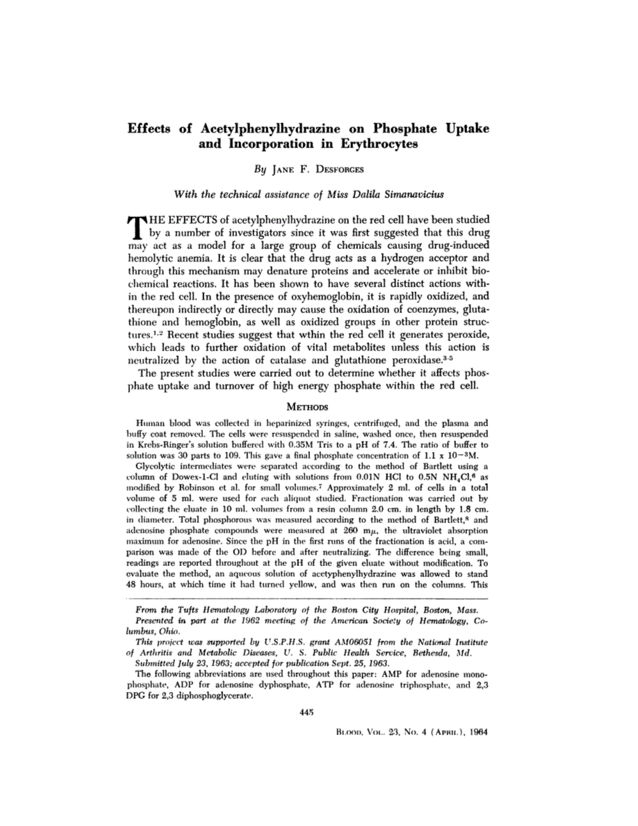 First page of Effects of Acetylphenylhydrazine on Phosphate Uptake and Incorporation in Erythrocytes