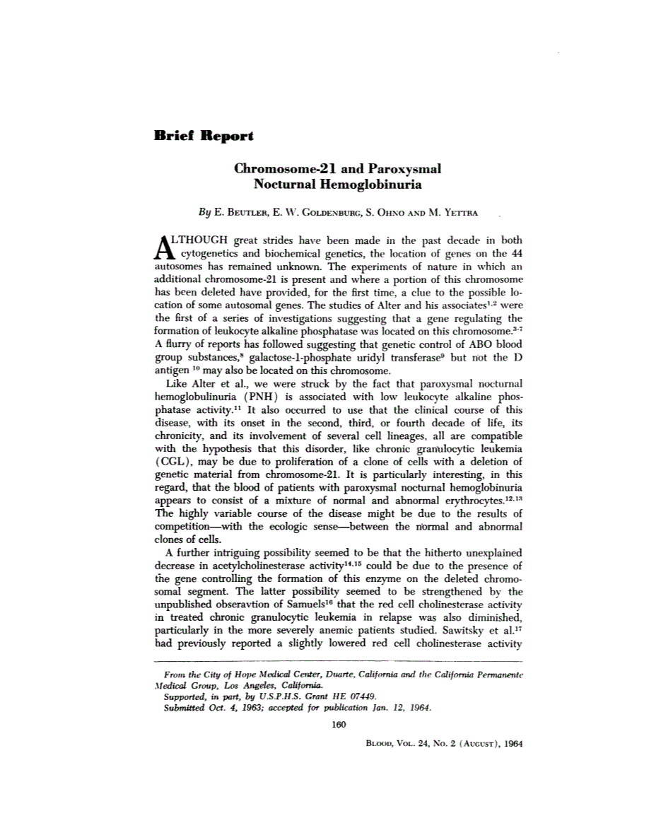 First page of Brief Report: Chromosome-21 and Paroxysmal Nocturnal Hemoglobinuria