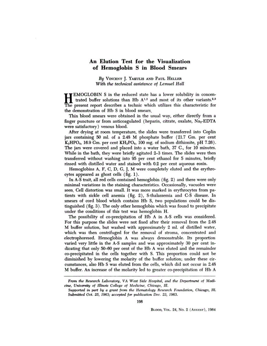 First page of An Elution Test for the Visualization of Hemoglobin S in Blood Smears