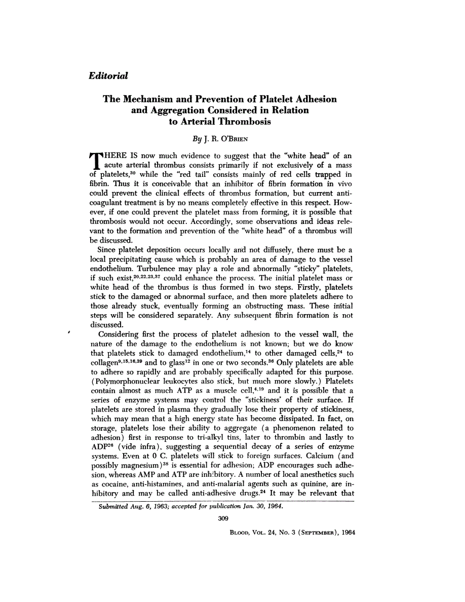 First page of Editorial: The Mechanism and Prevention of Platelet Adhesion and Aggregation Considered in Relation to Arterial Thrombosis