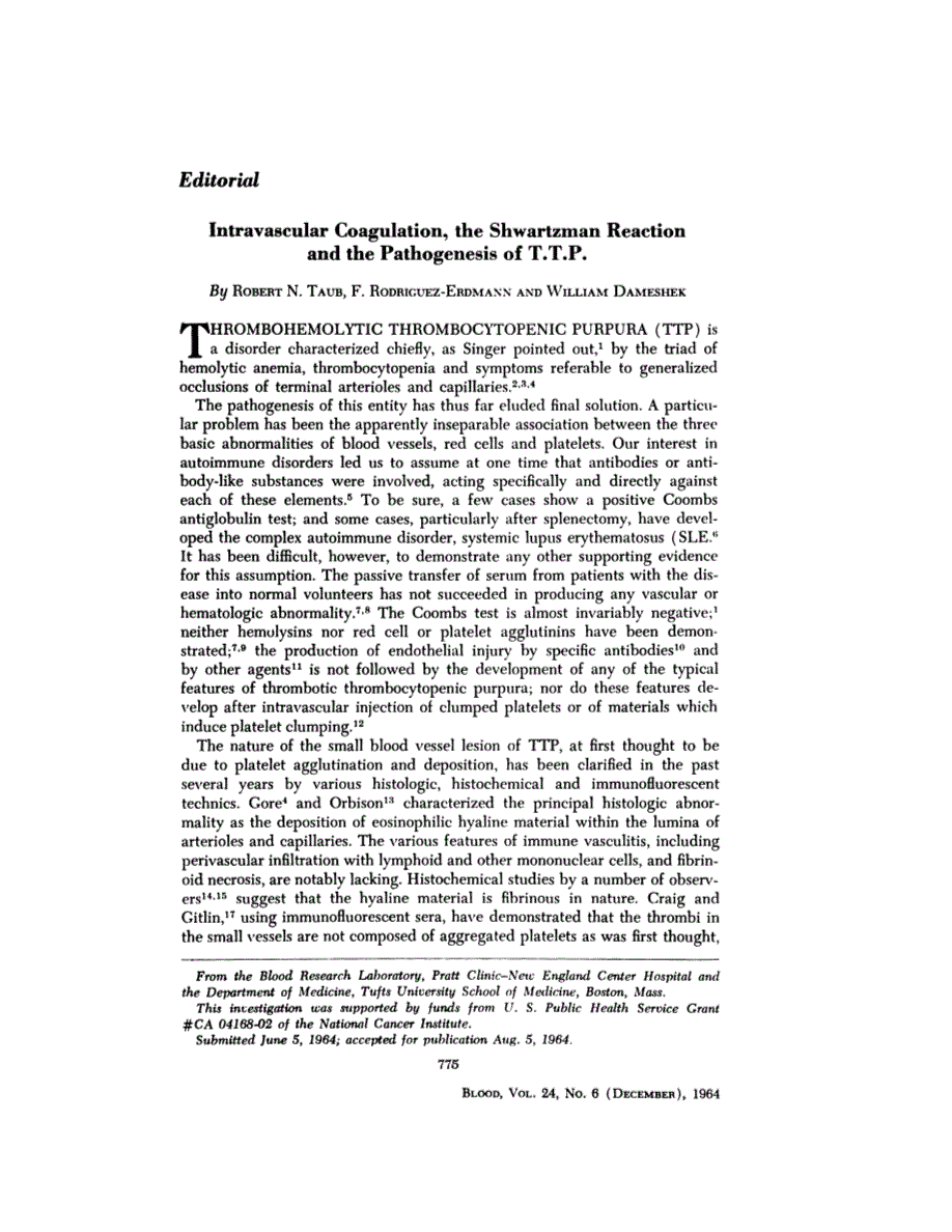 First page of Editorial: Intravascular Coagulation, the Shwartzman Reaction and the Pathogenesis of T.T.P