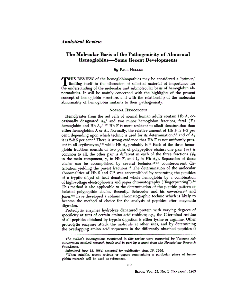 First page of Analytical Review: The Molecular Basis of the Pathogenicity of Abnormal Hemoglobins—Some Recent Developments