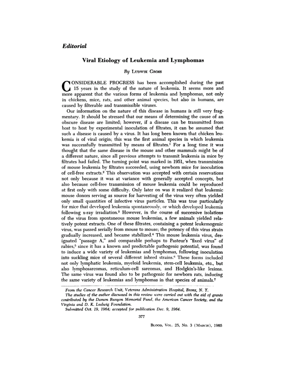 First page of Editorial: Viral Etiology of Leukemia and Lymphomas