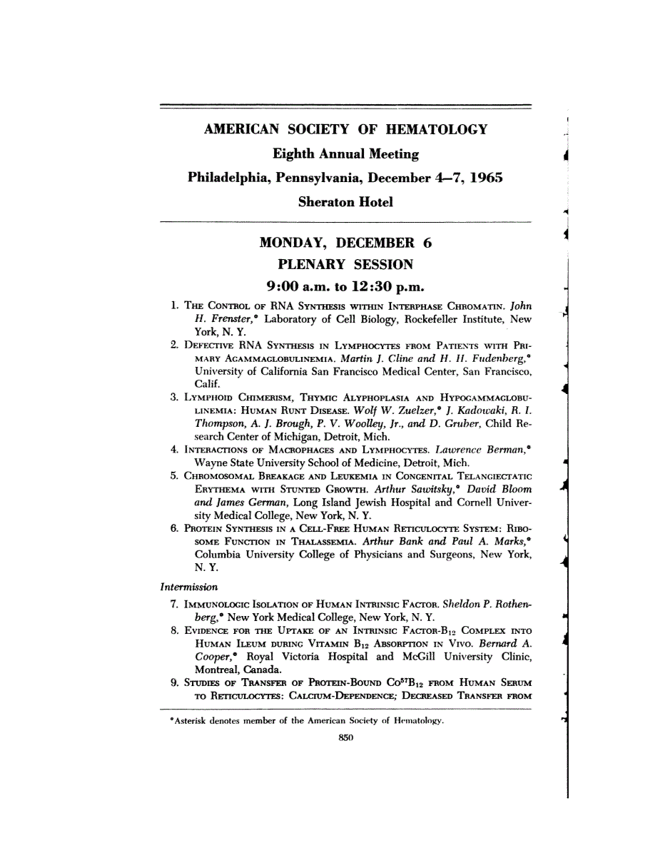 First page of AMERICAN SOCIETY OF HEMATOLOGY Eighth Annual Meeting Philadelphia, Pennsylvania, December 4-7, 1965 Sheraton Hotel