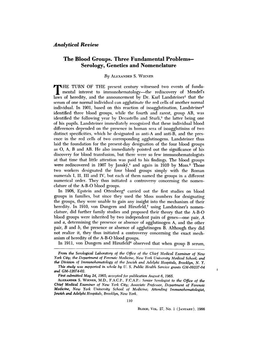 First page of Analytical Review: The Blood Groups. Three Fundamental Problems—Serology, Genetics and Nomenclature