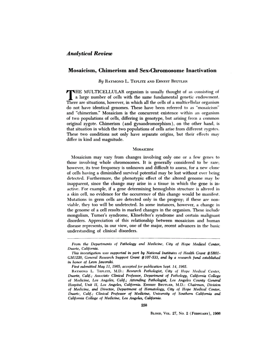 First page of Analytical Review: Mosaicism, Chimerism and Sex-Chromosome Inactivation