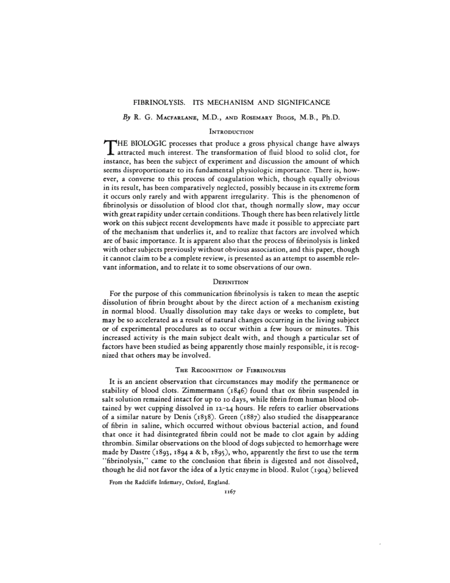 First page of FIBRINOLYSIS. ITS MECHANISM AND SIGNIFICANCE