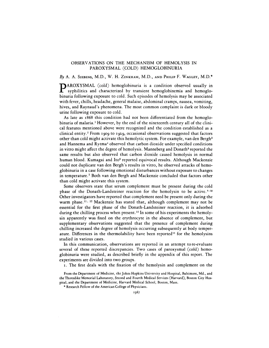 First page of OBSERVATIONS ON THE MECHANISM OF HEMOLYSIS IN PAROXYSMAL (COLD) HEMOGLOBINURIA