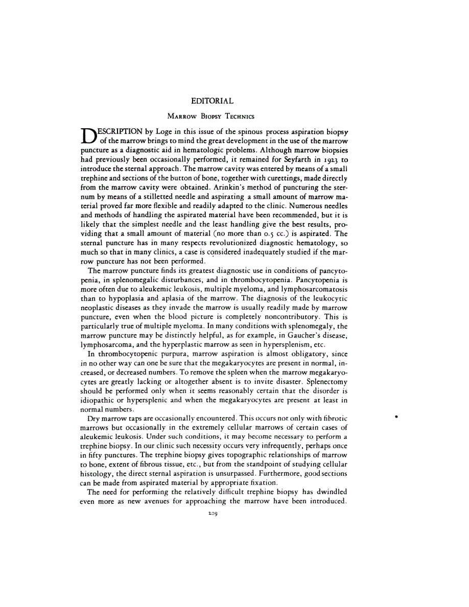 First page of EDITORIAL <subtitle>MARROW BIOPSY TECHNICS</subtitle>