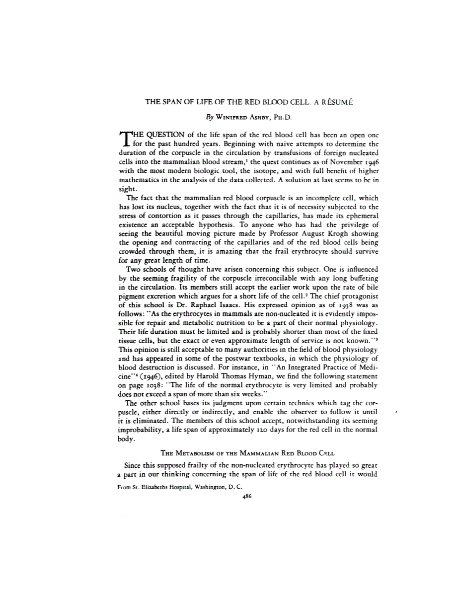 First page of THE SPAN OF LIFE OF THE RED BLOOD CELL. A RÉSUMÉ