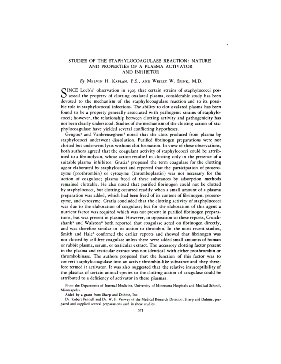First page of STUDIES OF THE STAPHYLOCOAGULASE REACTION: NATURE AND PROPERTIES OF A PLASMA ACTIVATOR AND INHIBITOR
