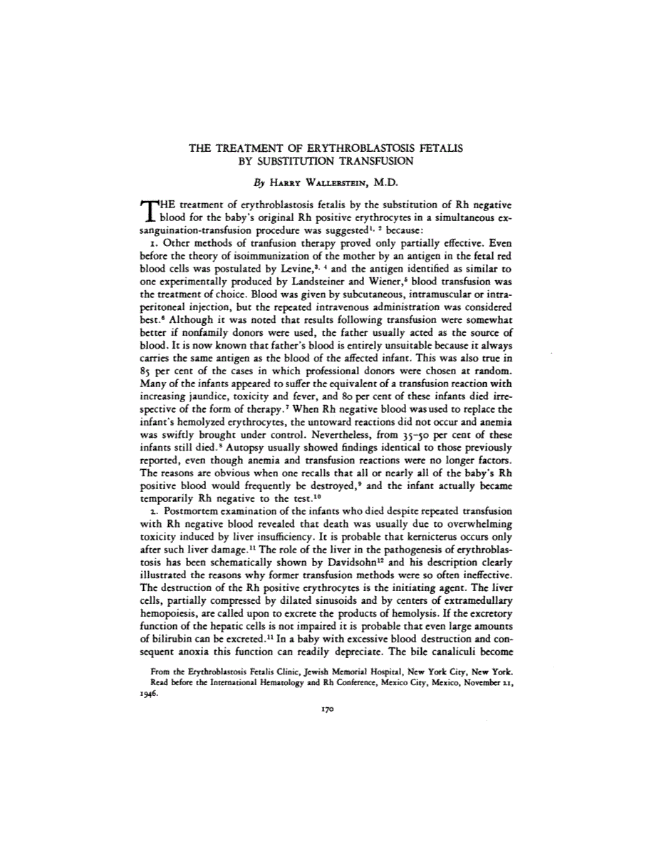 First page of THE TREATMENT OF ERYTHROBLASTOSIS FETALIS BY SUBSTITUTION TRANSFUSION