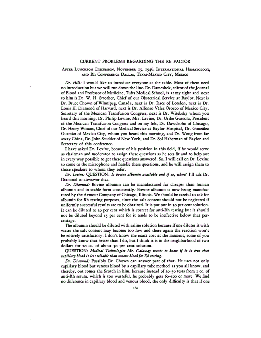First page of CURRENT PROBLEMS REGARDING THE Rh FACTOR <subtitle>AFTER LUNCHEON DISCUSSION, NOVEMBER 15, 1946, INTERNATIONAL HEMATOLOGY AND Rh CONFERENCE DALLAS, TEXAS-MEXICO CITY, MEXICO</subtitle>