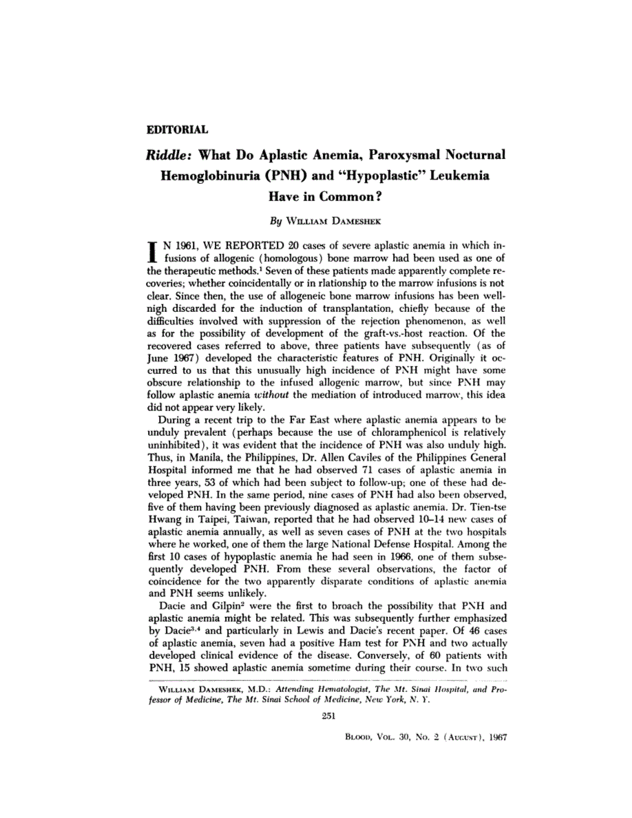 First page of Editorial: <italic>Riddle:</italic> What Do Aplastic Anemia, Paroxysmal Nocturnal Hemoglobinuria (PNH) and "Hypoplastic" Leukemia Have in Common?