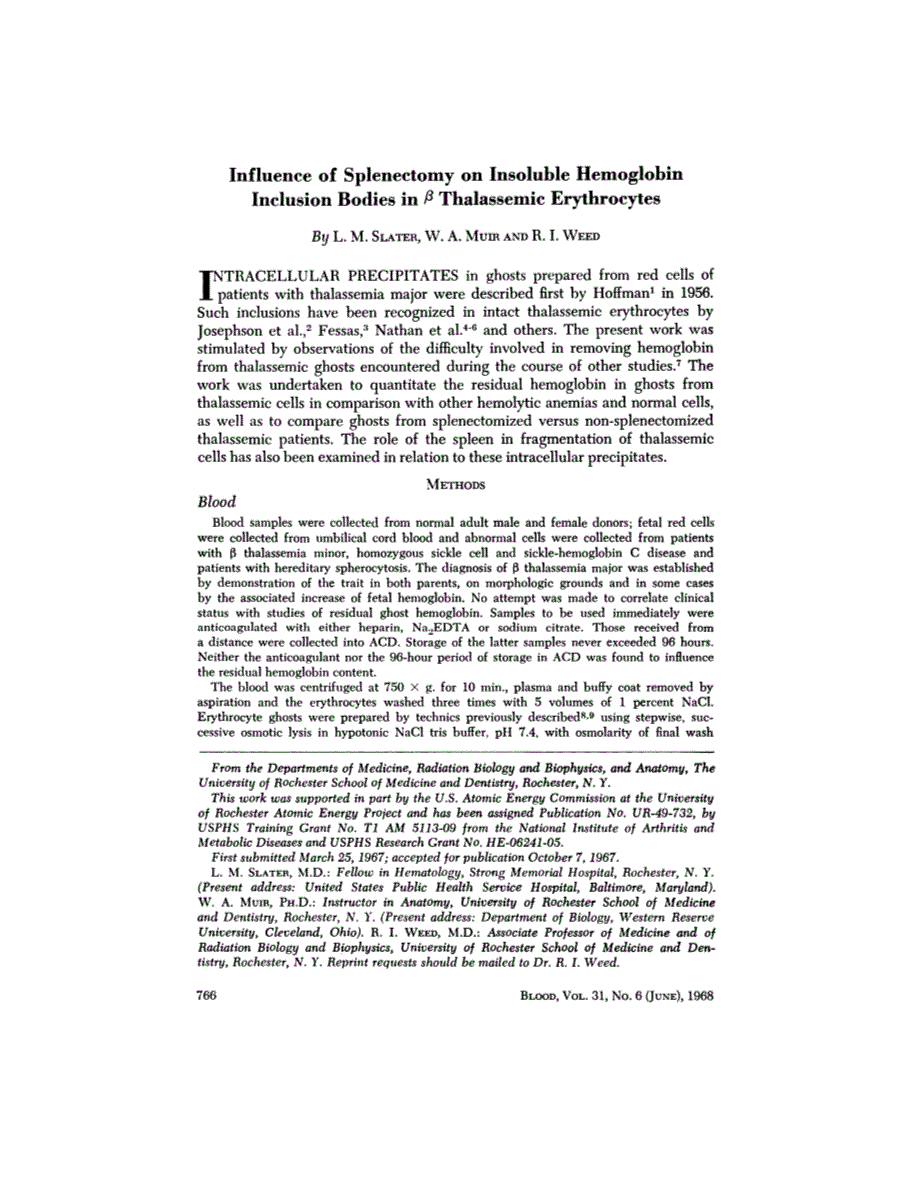 First page of Influence of Splenectomy on Insoluble Hemoglobin Inclusion Bodies in β Thalassemic Erythrocytes