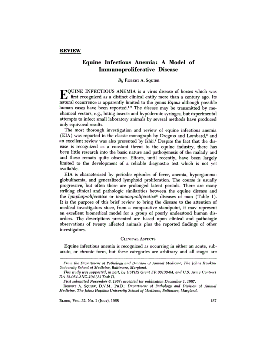 First page of Review: Equine Infectious Anemia: A Model of Immunoproliferative Disease